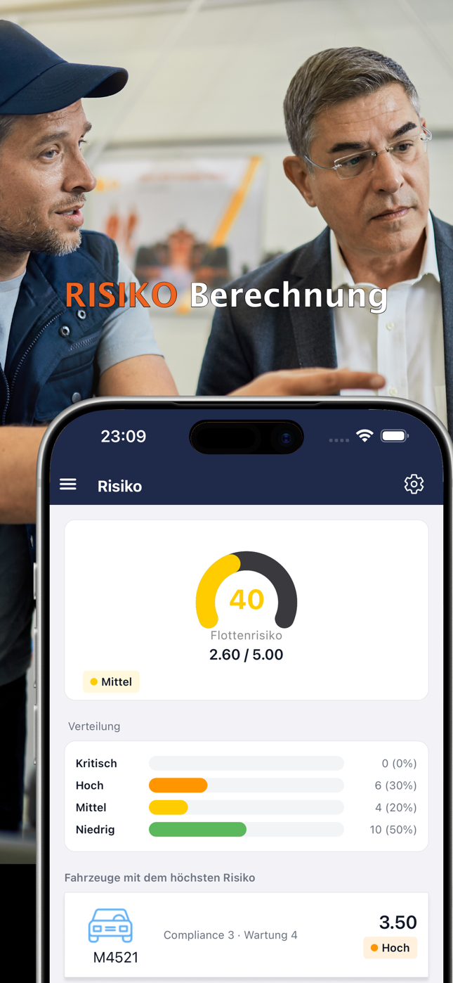 Flottenrisikobericht mit Verteilung und Fahrzeugen mit dem höchsten Risiko